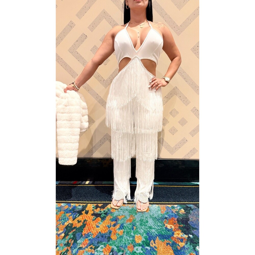 White Fringe Halter Jumpsuit Women's L Cutout Backless Tassel Party Outfit